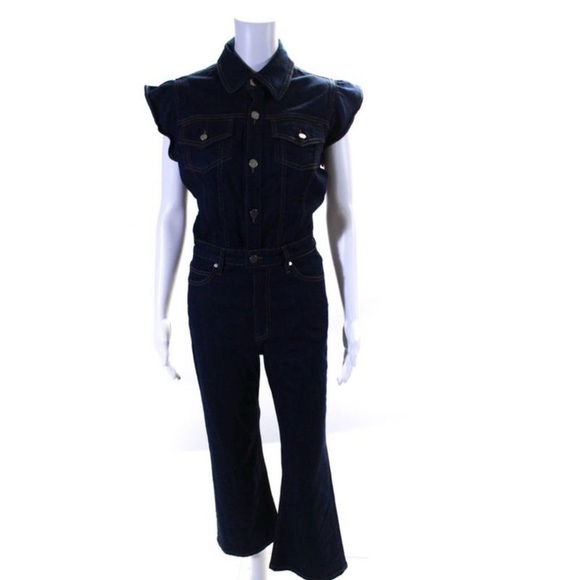 Ei8ht Dreams Button Down Ruffle Cap Sleeve Jean Jumpsuit Size Large - Picture 1 of 4